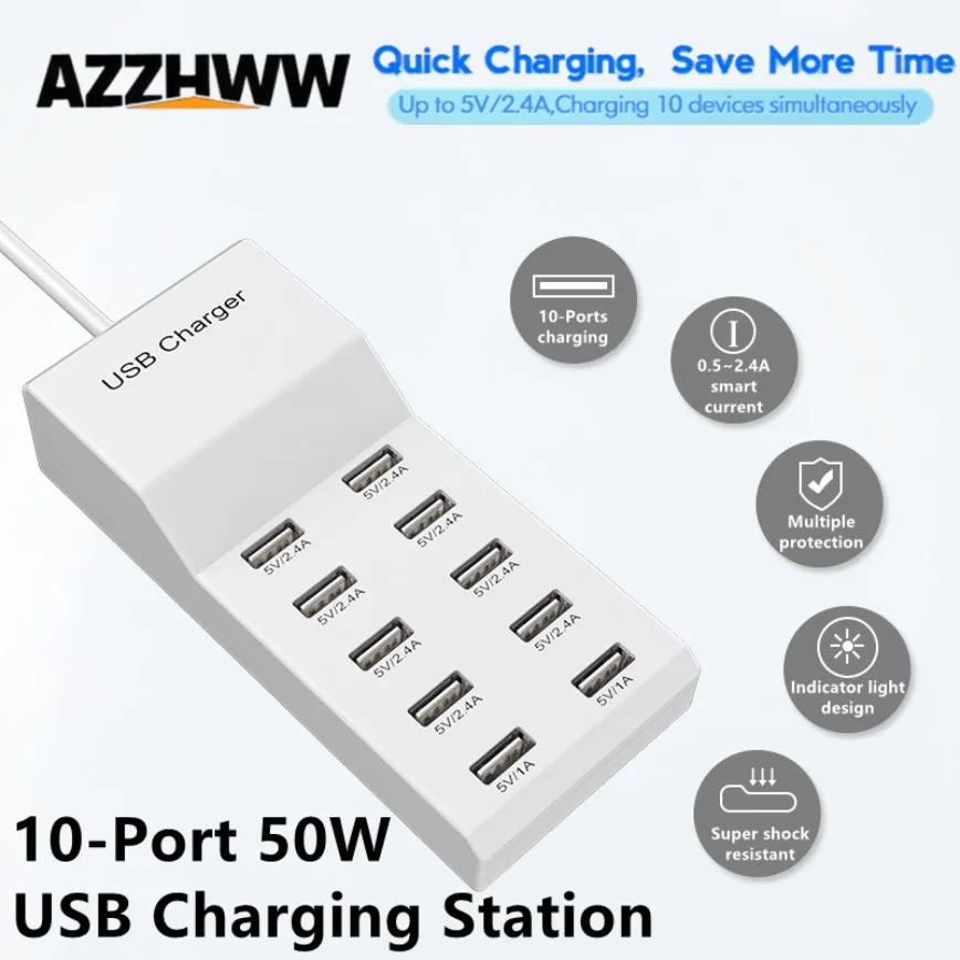 

10-портовая USB-зарядная станция для быстрой зарядки с автоматическим обнаружением технической безопасности, гарантированные смарт-порты для телефонов, планшетов, больше устройств.