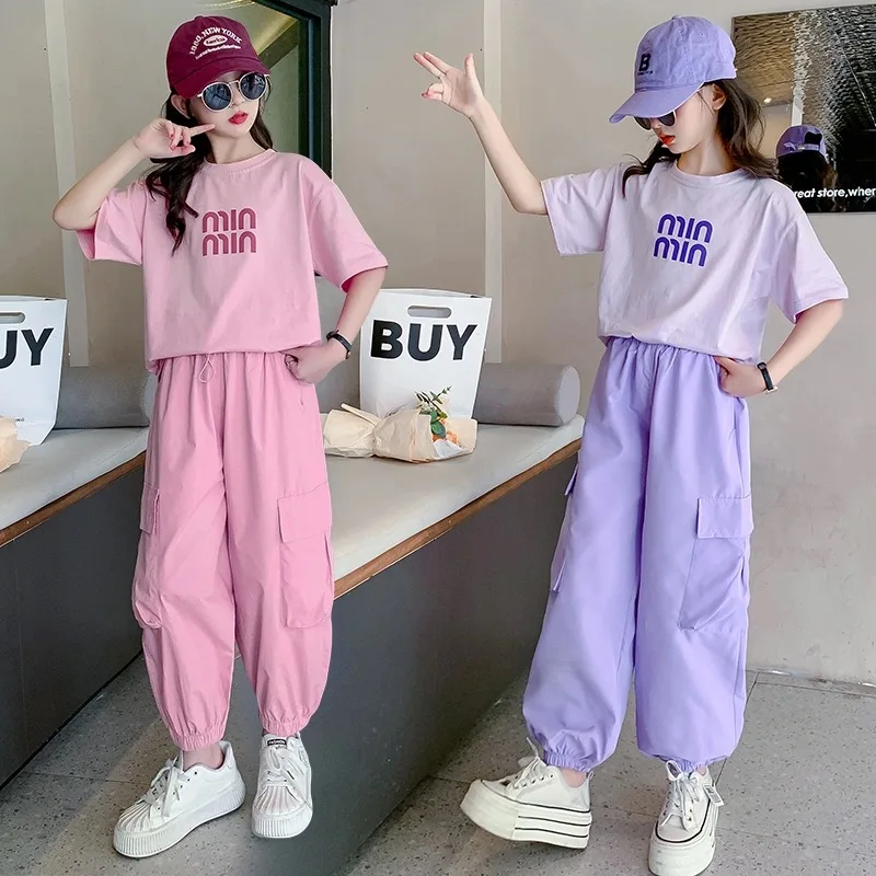 

Summer Teen Girls Clothing Sets Children Fashion Korean Style Letter Tops + Pants 2Pcs Outfits Kids Tracksuit 5 6 8 10 12 14 Yrs