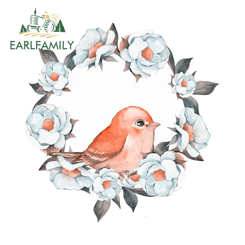 EARLFAMILY 13cm × 12.6cm Pretty Spring Peach Bird With Flower Wreath Car Stickers Artistic Graffiti Decals Simpple Car Goods