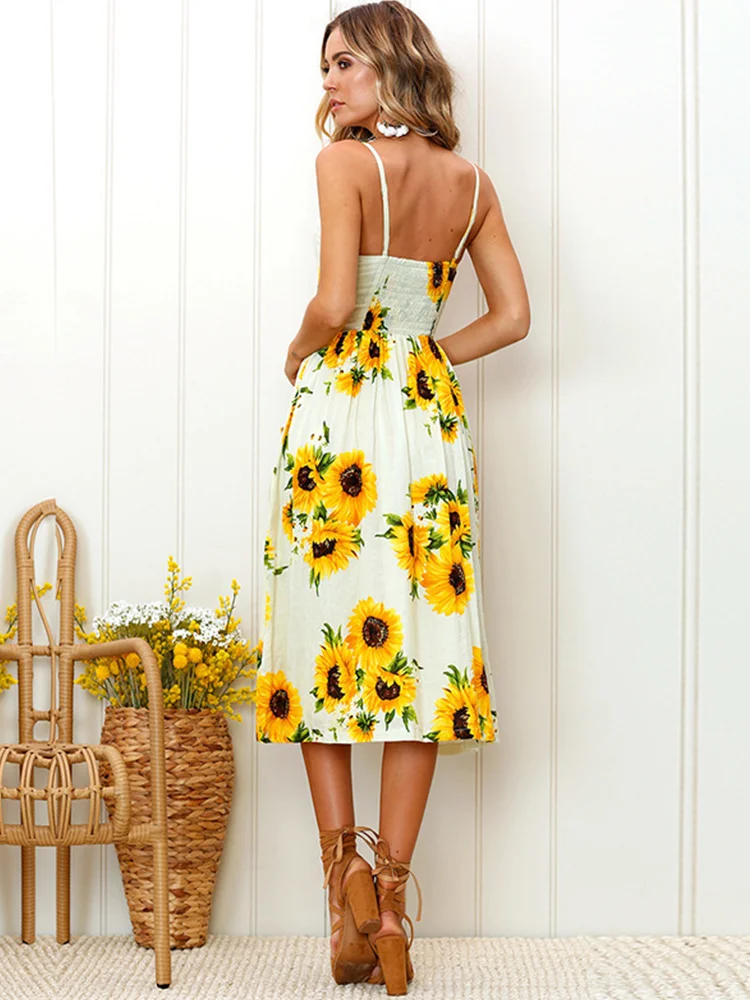 Lossky Women Summer Sunflower Dress Sexy Strapless Dress Midi Button Backless Floral Sundress Beach Female 2024 Women Clothes