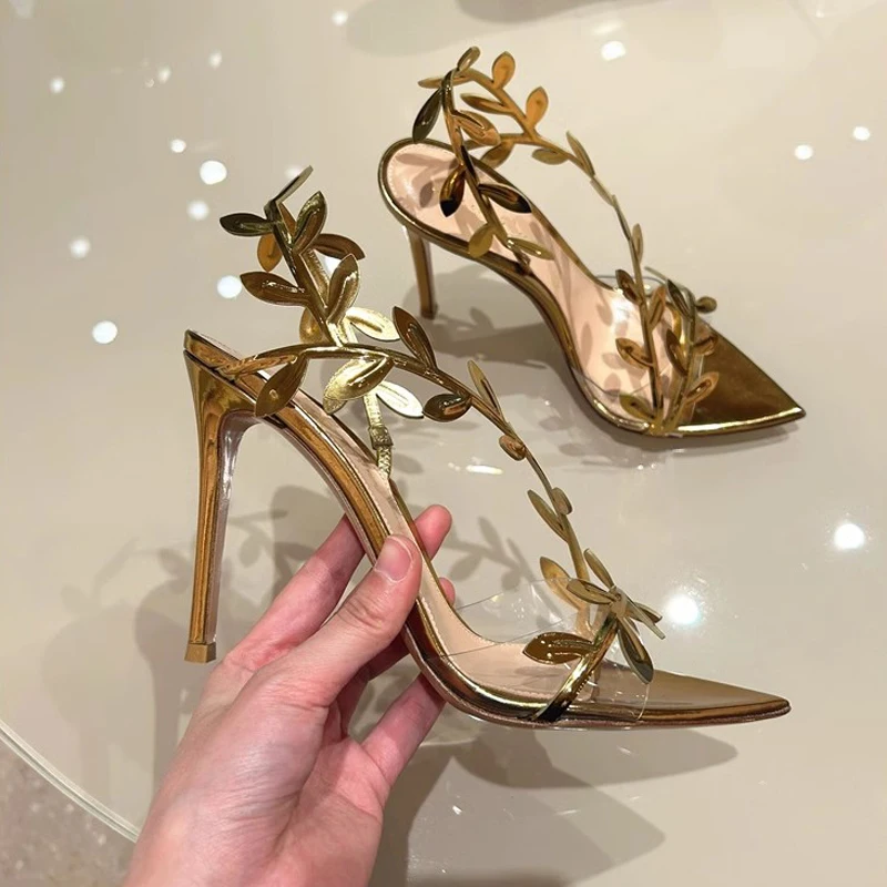 

Golden Leaves Pointed Toe Sexy Women Sandals 2024 Spring Summer New Stiletto Gold High Heels French Open Toe Slingback Sandals