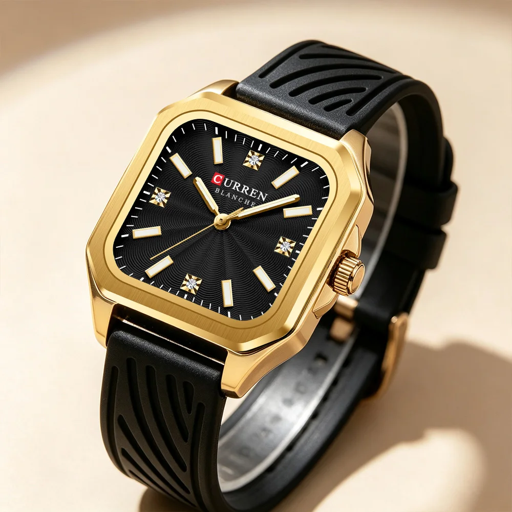 CURREN 9113 Women Fashion Quartz Watch Square Dial Silicone Strap Minimalist Casual Daily Wear Wristwatch Reloj Mujer