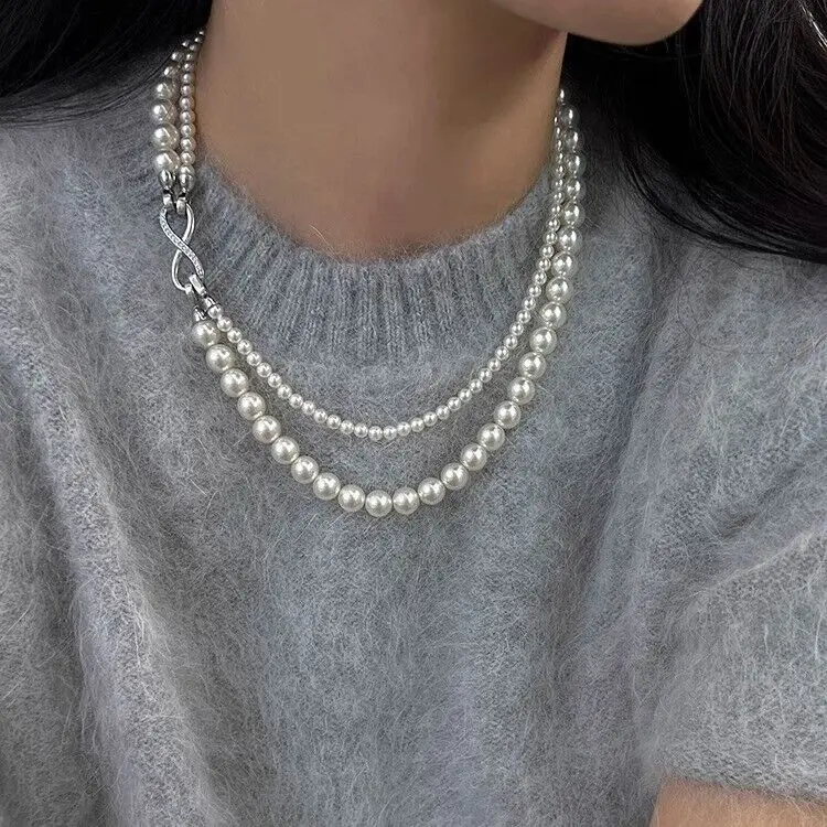 AAA 2 Rows 8-9mm White South Sea Pearl Round Bead Necklace 17 