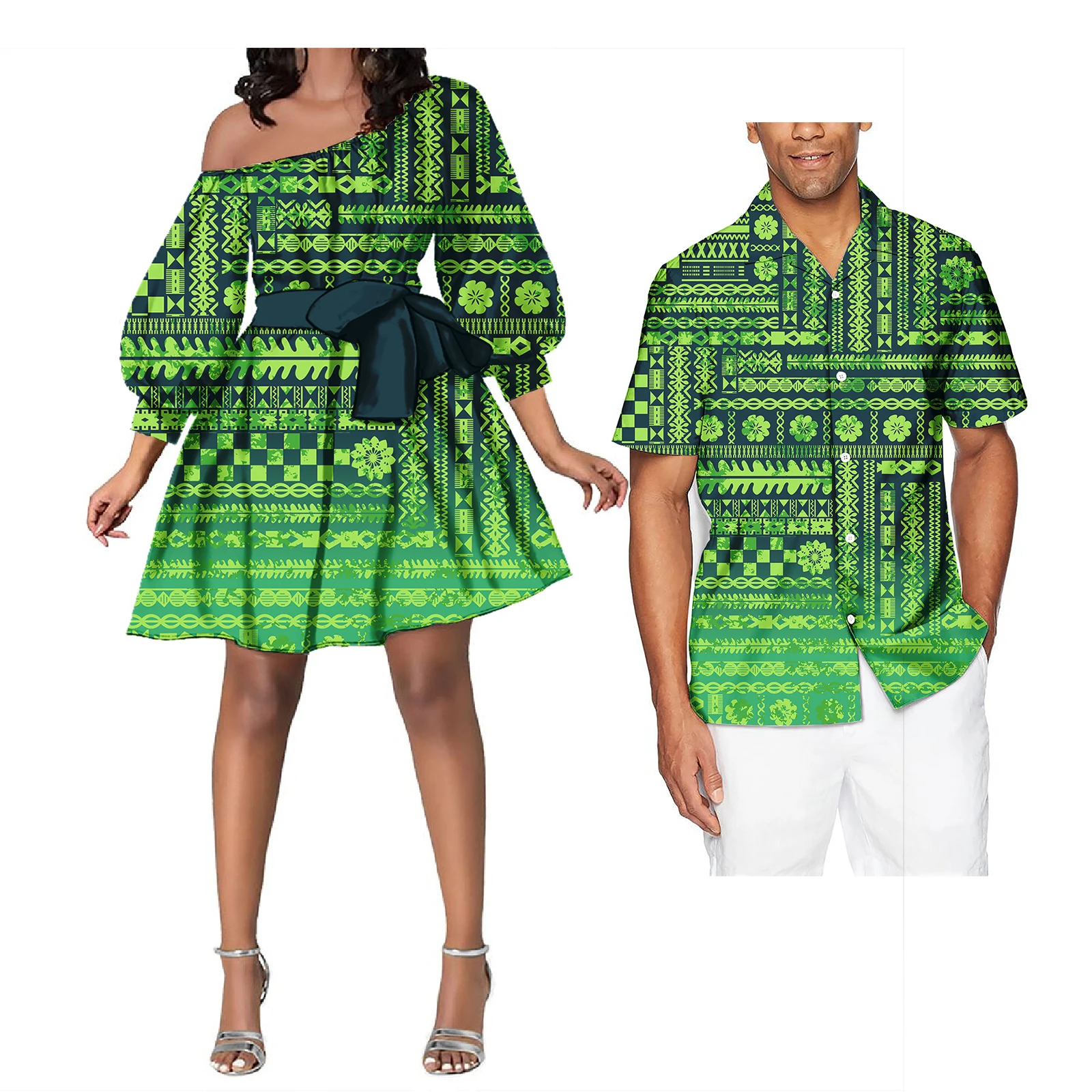 Paar Outfit Sets Dames Avondjurken Polynesische Patroon Ontwerp Klassieke Heren Hawaiiaanse Shirts Overeenkomen Met Vrouwen Plus Size Jurk