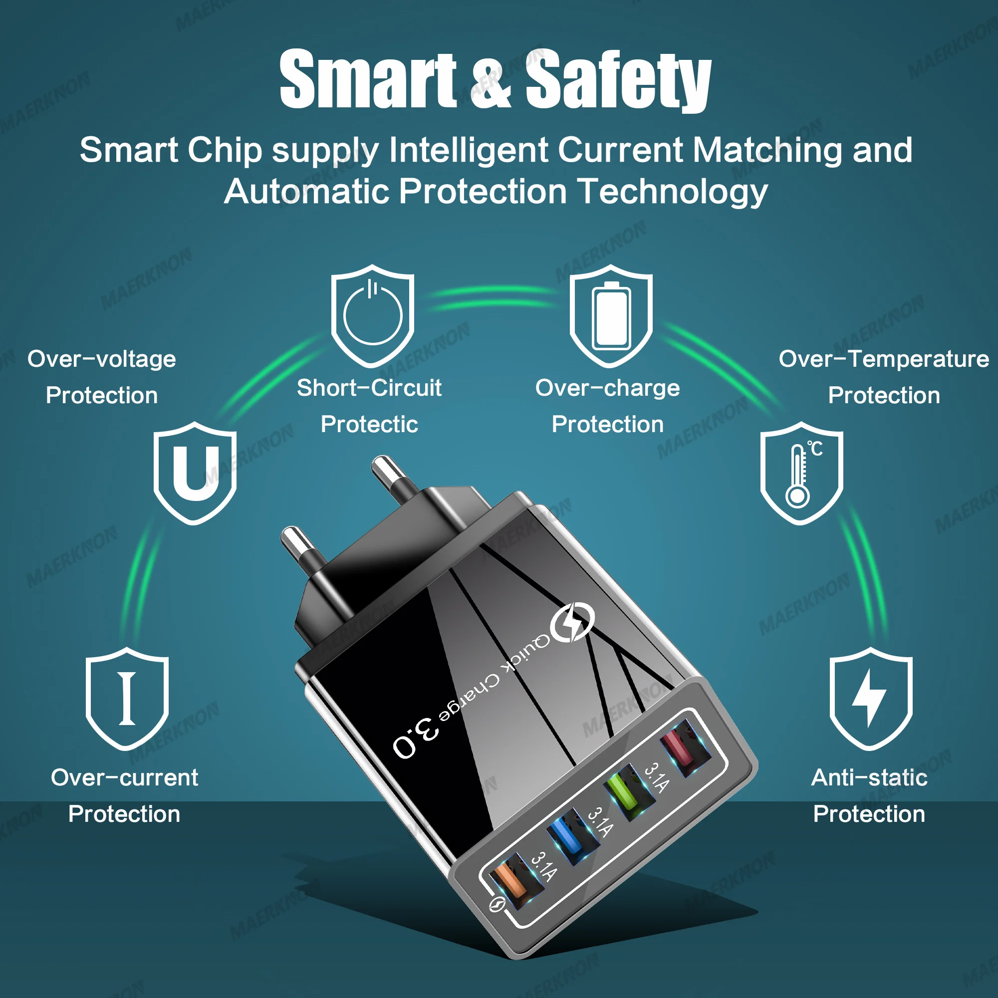 شاحن USB متعدد المنافذ شحن سريع شاحن الهاتف محول الطاقة آيفون سامسونج Xiaomi هواوي 4 منفذ الاتحاد الأوروبي/الولايات المتحدة التوصيل شاحن الحائط