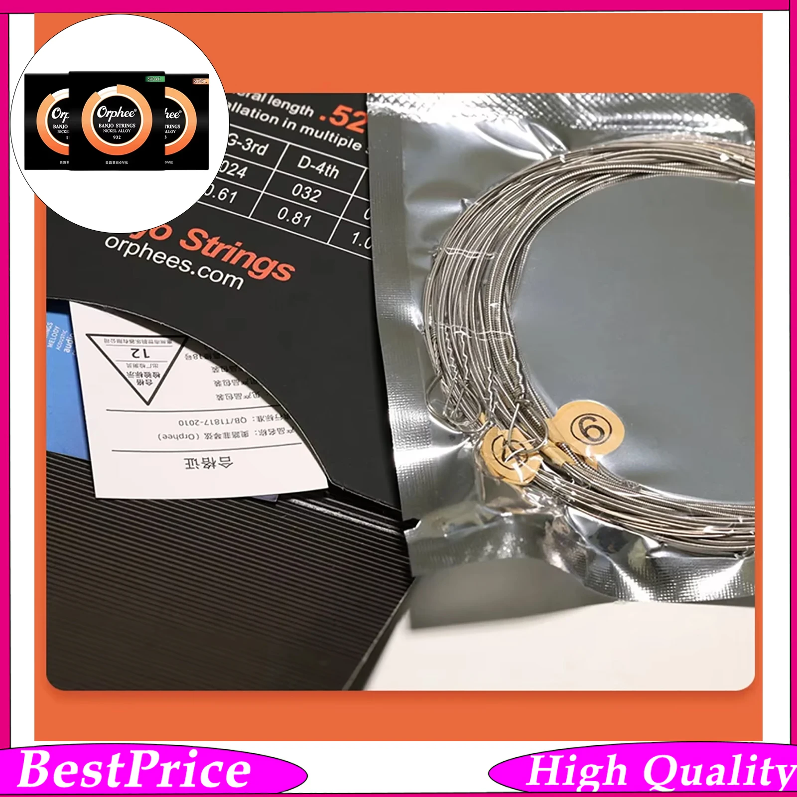 Orphee Banjo Strings Nickel Alloy Wound Strings Set Hexagonal Steel Core Rust Resistant 4/5/6 Banjo String for Stage Practice