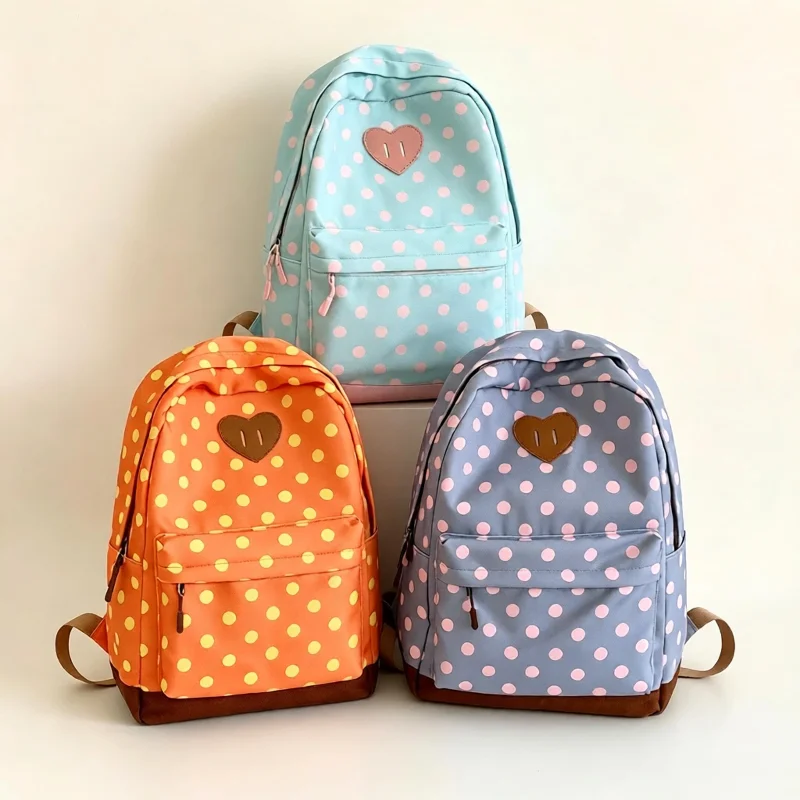 Korean Vintage Polka Dot School Backpack Lightweight Travel Daypack Casual Commuter Bag Women Students Bag Large Capacity