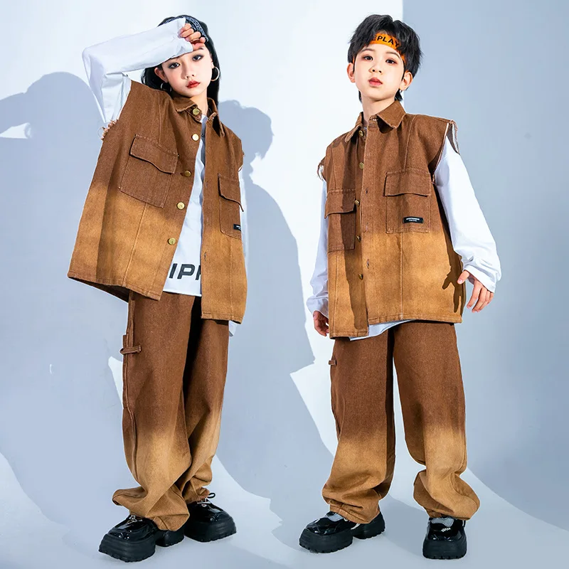 New Kids Hip Hop Dance Costume Girls Jazz Performance Clothes Brown Vest Pants Long Sleeves Tops Boys Concert Stage Wear BL11848