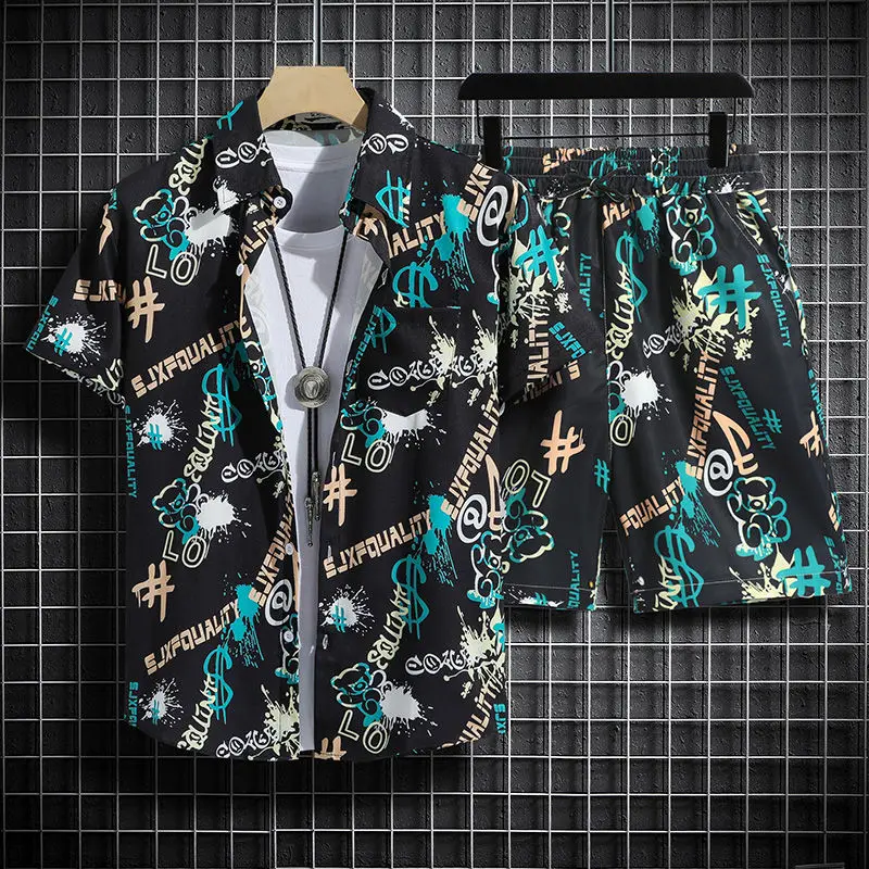 Hawaiian Short Sleeve Suit for Men and Women Tropical Plant Print Fashion Button Shirt Tops Short Sleeve Shorts Shirt Sets