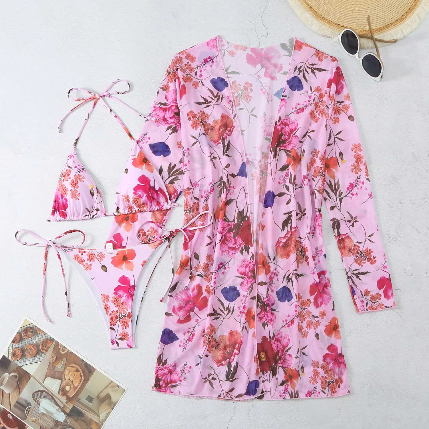 Women Bathing Suit 3 Piece Swimsuit with Kimono String Bikini Sets Long Sleeve Beach Cover Up Swimwear Print Pool Swimming Suit