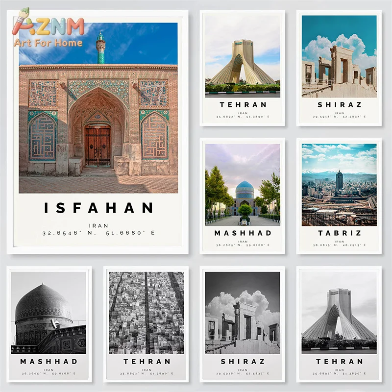 AZNM Impression sur toile de voyage en ville Iran : Isfahan, Téhéran, Shiraz, Mashhad – Architecture, coordonnées, paysage urbain minimaliste – Décoration murale sans cadre