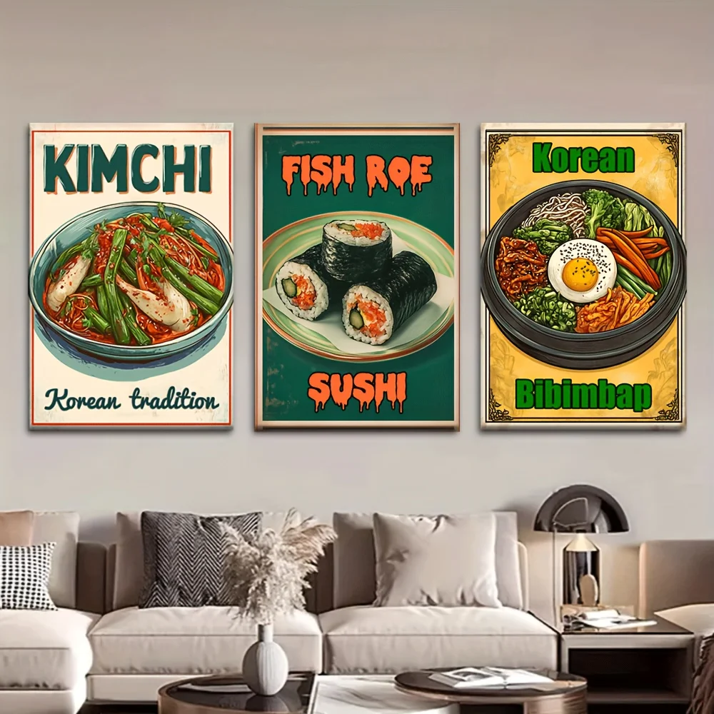 (No frame)2D Flat, 2D Flat, Set of 3, Unframed Canvas Artwork Featuring Retro-Style Posters of Korean Cuisine, Including Spic
