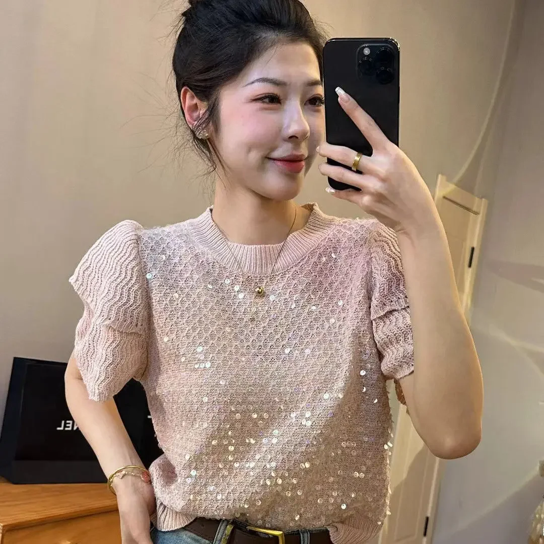 French style sequin round neck flower bud short sleeved knitted sweater for women\'s spring new gentle style loose top