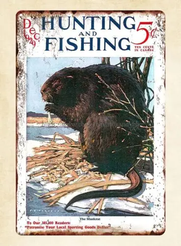 metal twig wall Hunting and Fishing 1929 magazine cover Muskrat metal tin sign