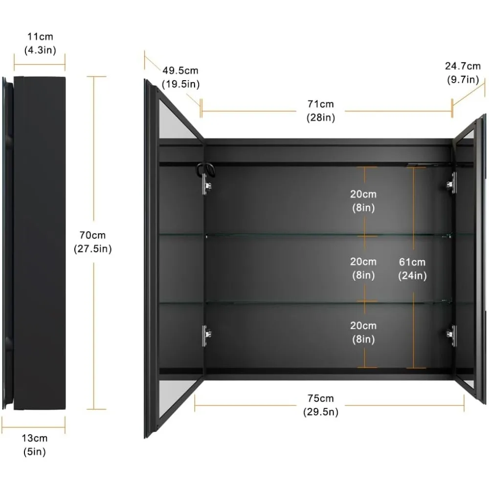 30 x 28 Inch Double Doors LED Lighted Bathroom Medicine Cabinet, Defogger, Dimmable, 3 Color Light Makeup Mirror