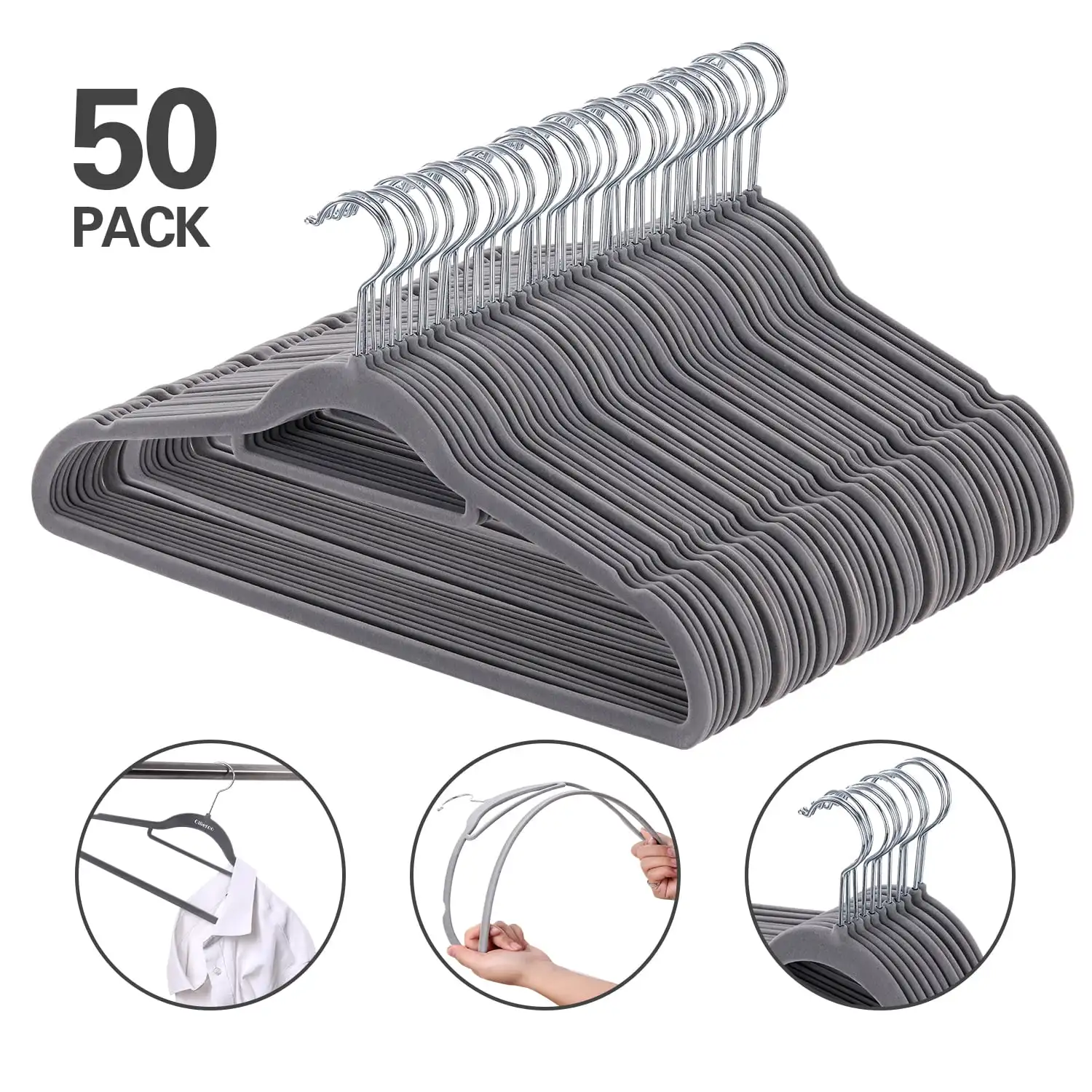 

50Pack Home Non-Slip Velvet Clothing Hangers for Wet and Dry Gray