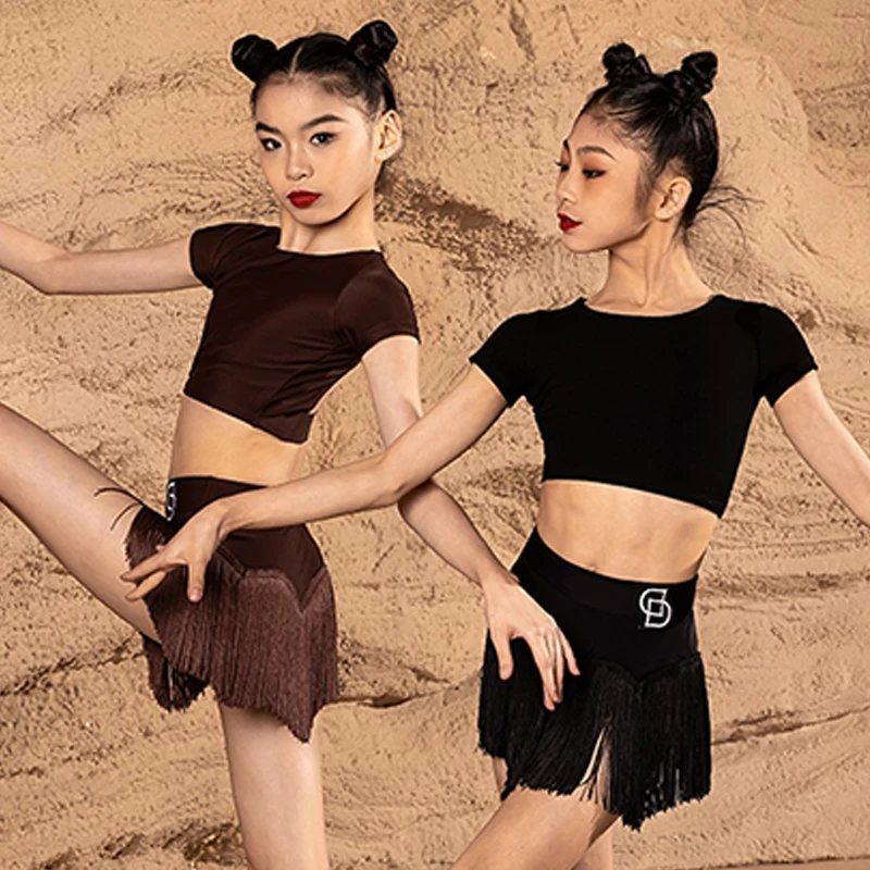 Summer Girls Latin Dance Clothes Kids Latin Dancing Black Fringed Skirt Cha Cha Rumba Samba Dance Practice Clothing BL12408