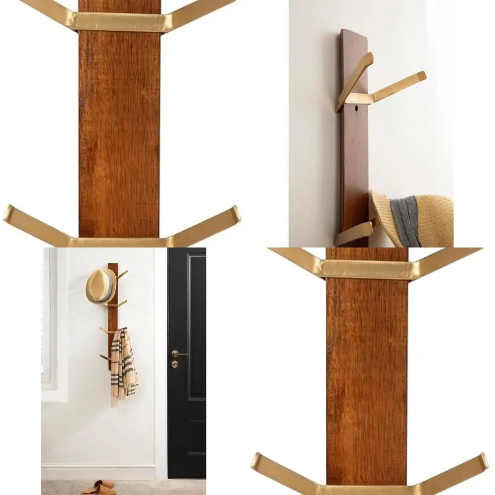 

Mid-Century Walnut Brown & Gold Wall Coat Rack with 4 Hooks for Stylish Storage