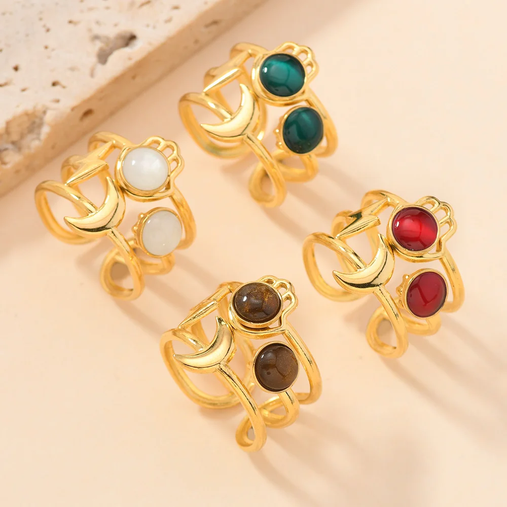 

Stainless Steel Star Moon Lightning Open Rings Stone Rhinestones For Women Punk Metal Multilayer Finger Jewelry Accessories Gift