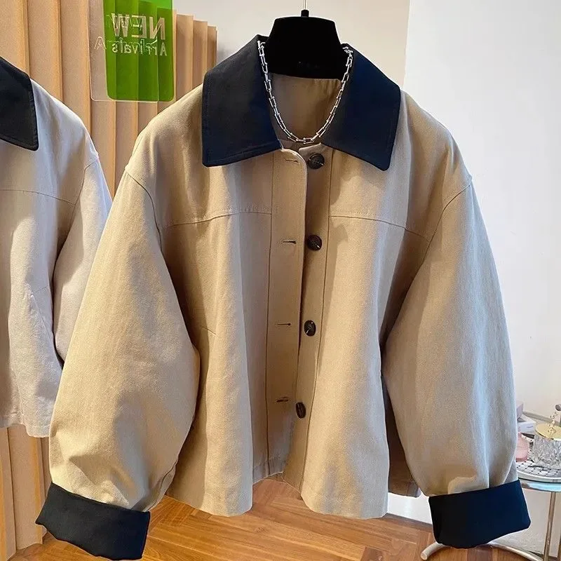 

Ladies Vintage Cropped Trench Spring Autumn Jacket Women Streetwear Single-breasted Long Sleeve Top Female Chic Coat Outfits