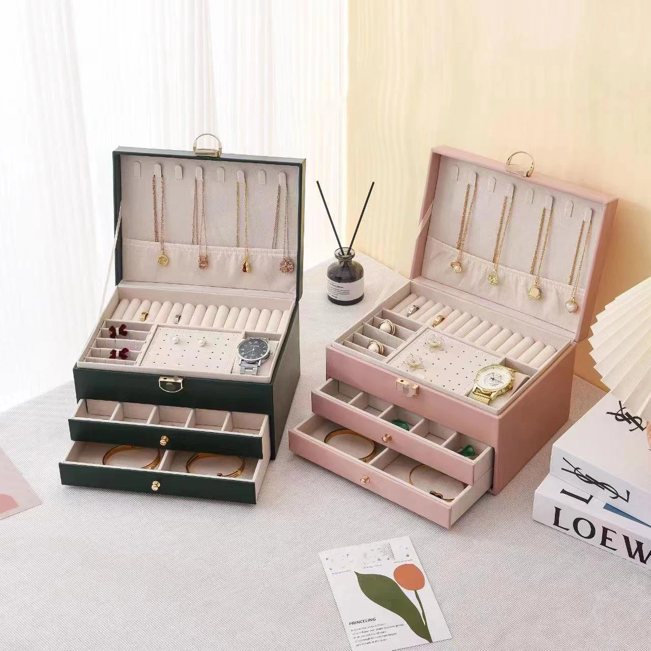 DELESYS Exquisite Travel Portable Necklace Jewelry Box Earrings Small Rings Jewelry Watch box Jewelry Storage Box