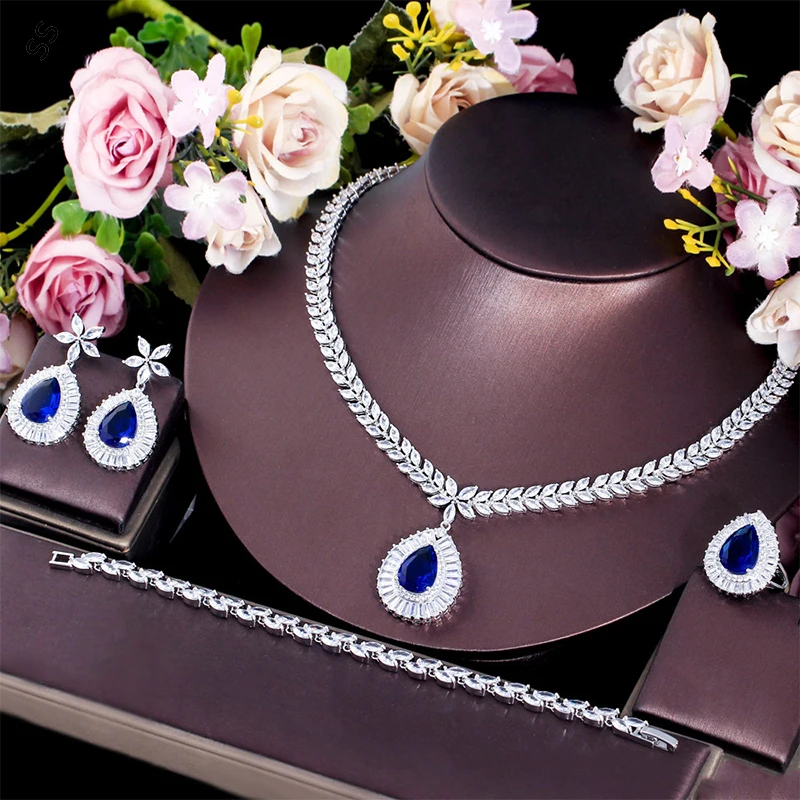 Blue Gemstone Jewelry Sets Zircon Necklace Earrings Bracelets Rings 4Piece Accessory for Noble Women's Garment Ornaments Elegant