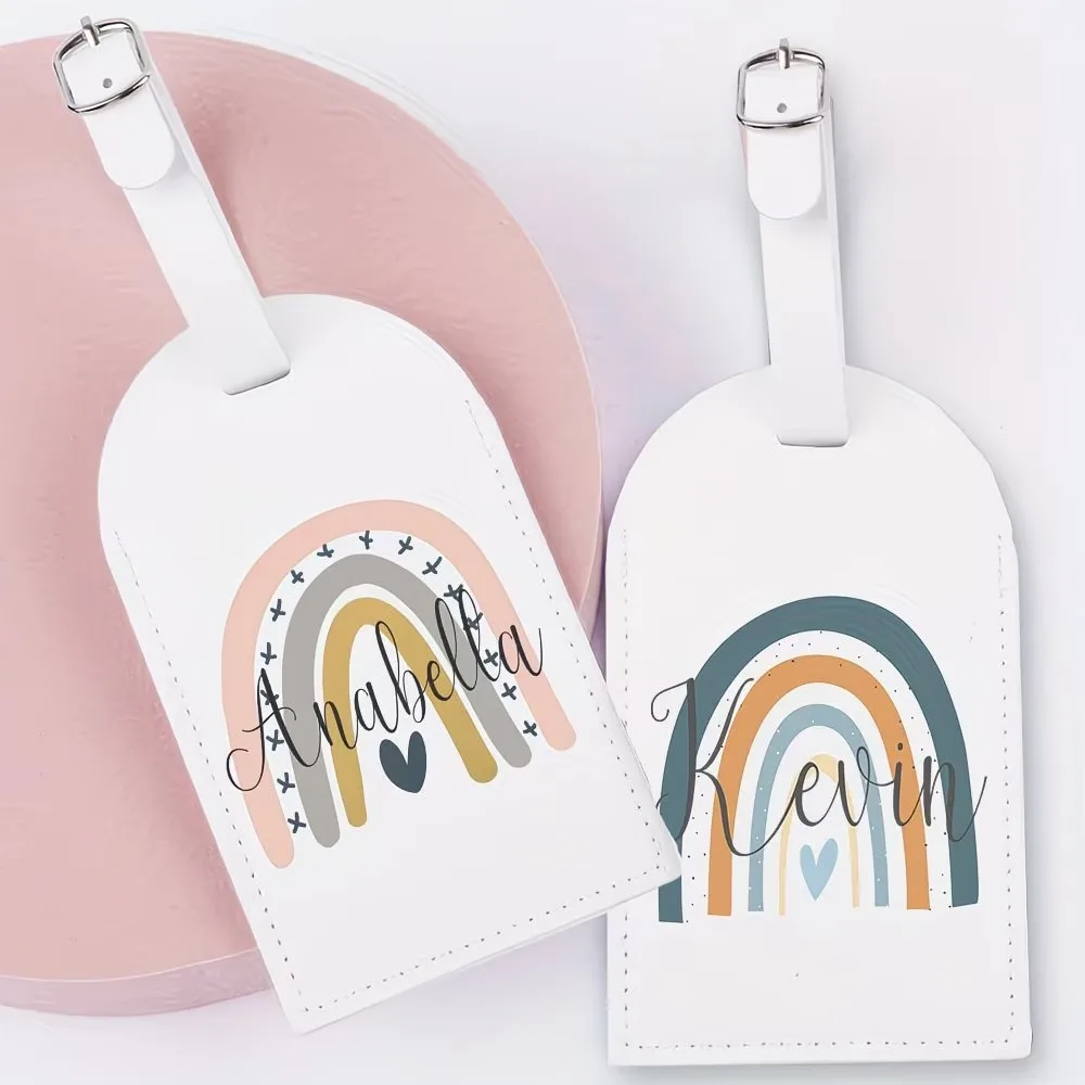 Étiquettes de bagages personnalisées avec nom arc-en-ciel, en PU, accessoires de voyage pour valises, étiquettes de sac, cadeaux d'anniversaire et de mariage