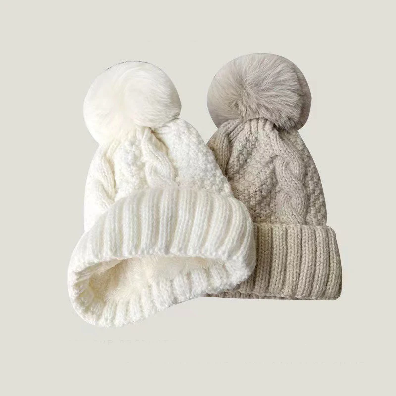 

Winter Twist Knitting Hat For Women Fur Pompom Thick Plush Cap Beanie Solid Color Ladies Warm Ski Snow Skullies Beanies