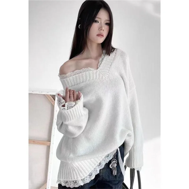 Femmes tricot pull nouveau lâche col en v pulls dentelle Patchwork femme pulls mi-long femme hauts automne hiver
