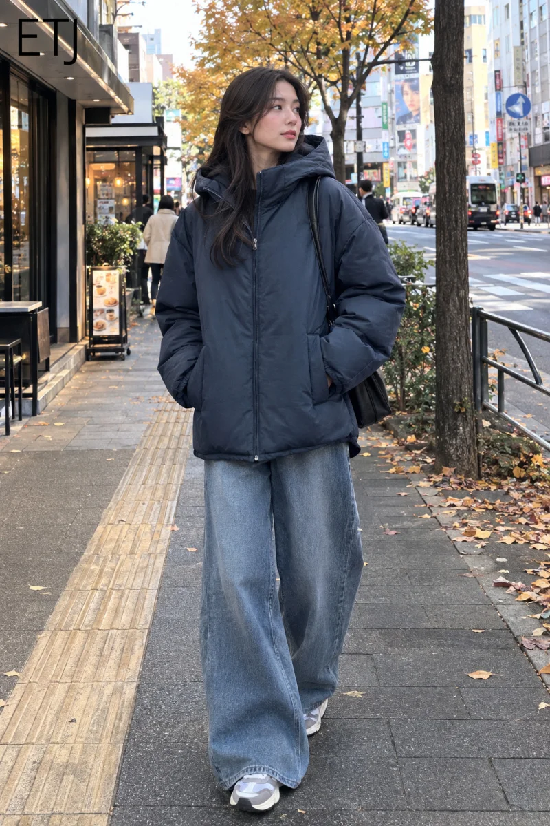 ETJ 2026 Women's Polyester Puffer Jacket Hooded Water Resistant Padded Coat Oversized Loose Fit Lightweight Outerwear