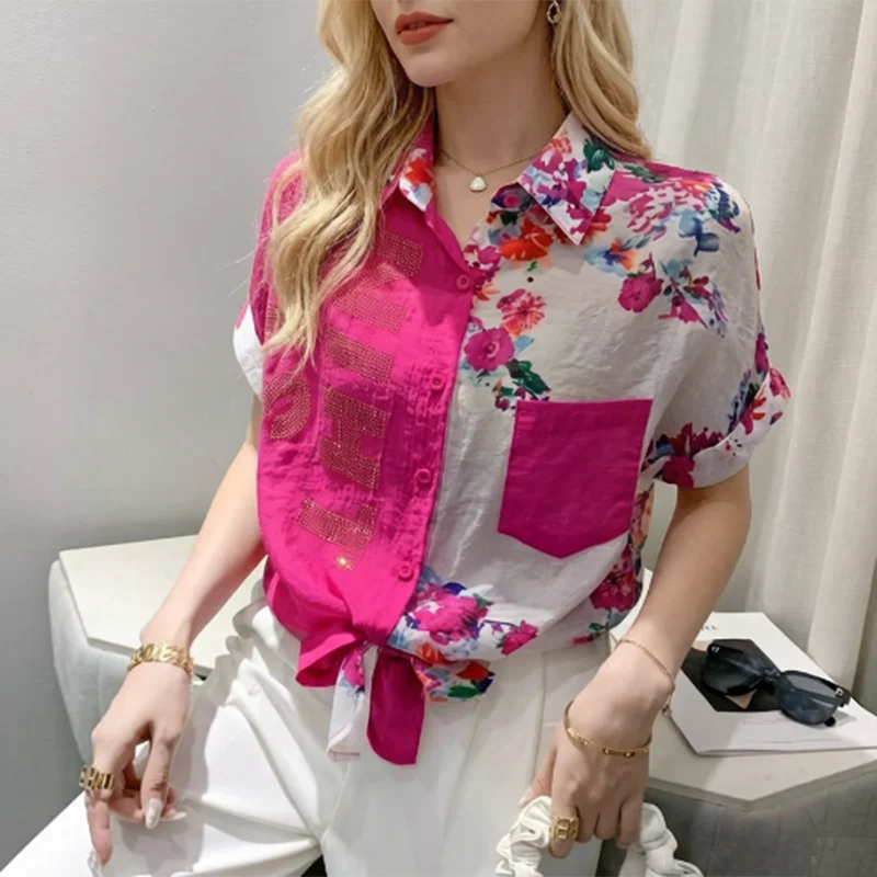

Summer New Loose Print Color Blocked Letter Shirt for Women's Plus Size Short Sleeved Fashion Versatile Blouse Top S588