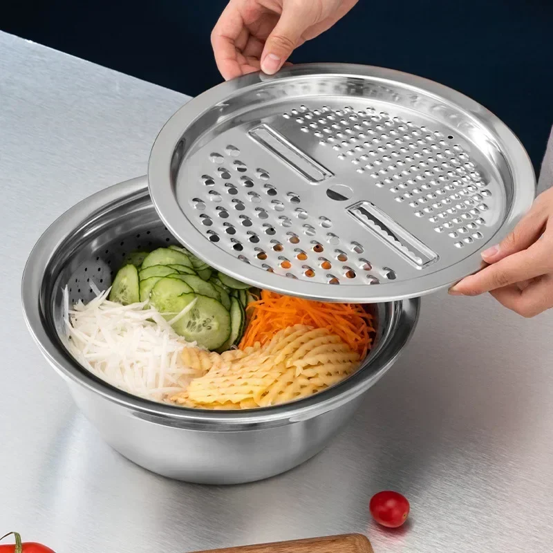 Vegetable Slicer Cutter Tools Stainless Steel Basin Vegetable Grater Kitchen Drain Basket Graters Cheese Grater Salad Maker Bowl