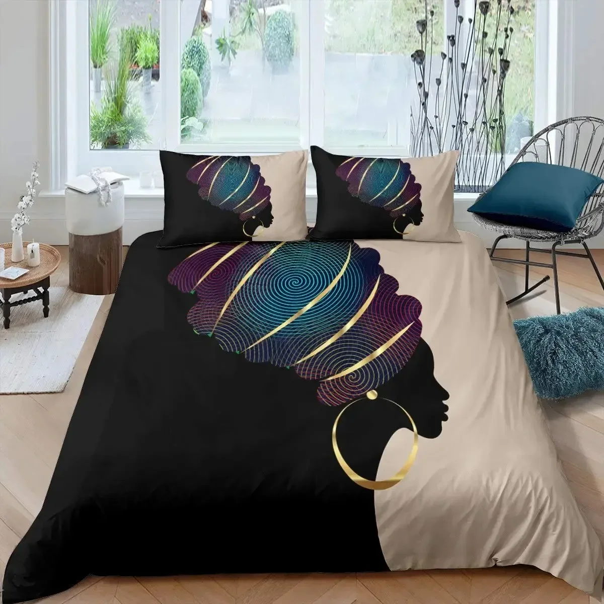 

African Woman Duvet Cover Set Ethnic Afro Bedding Set African American Comforter Cover Orange Ancient Desert Bedspread