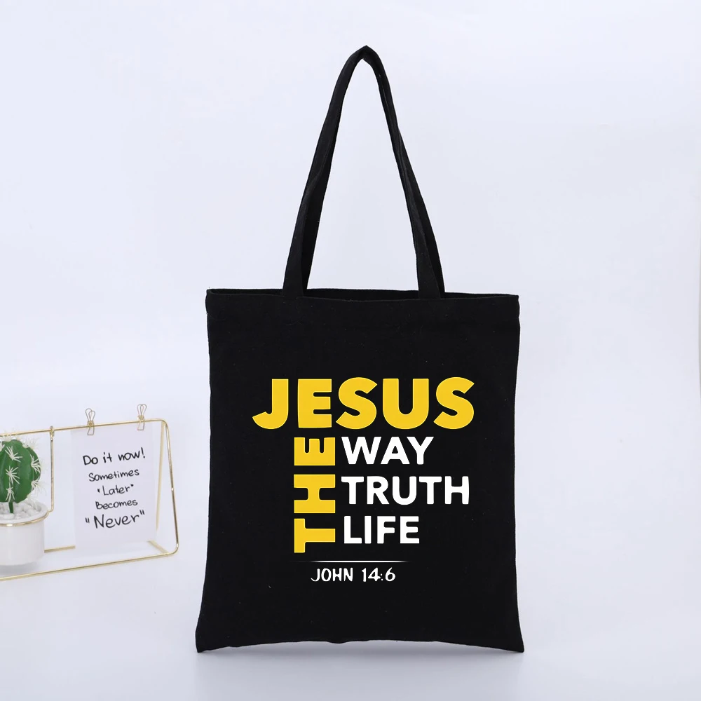 JESUS THE WAY TRUTH LIFE JOHN 14:6 Graphic Black Canvas Tote Bag, Casual Style for Daily Shopping
