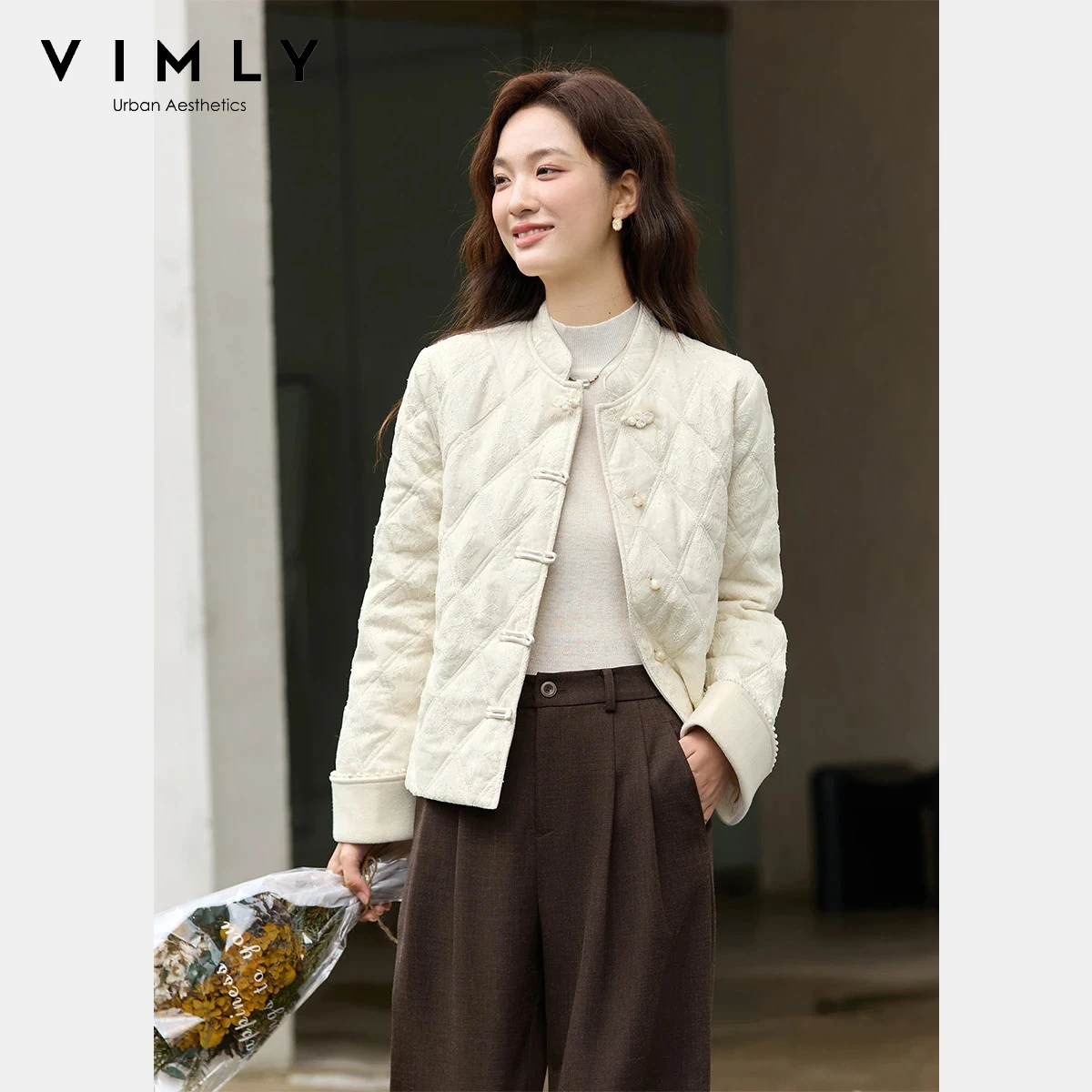 

VIMLY Apricot Lace Beading Quilted Coat for Women Winter 2025 Chinese Style Embroidered Stand Neck Long Sleeve Lady Parkas A3139