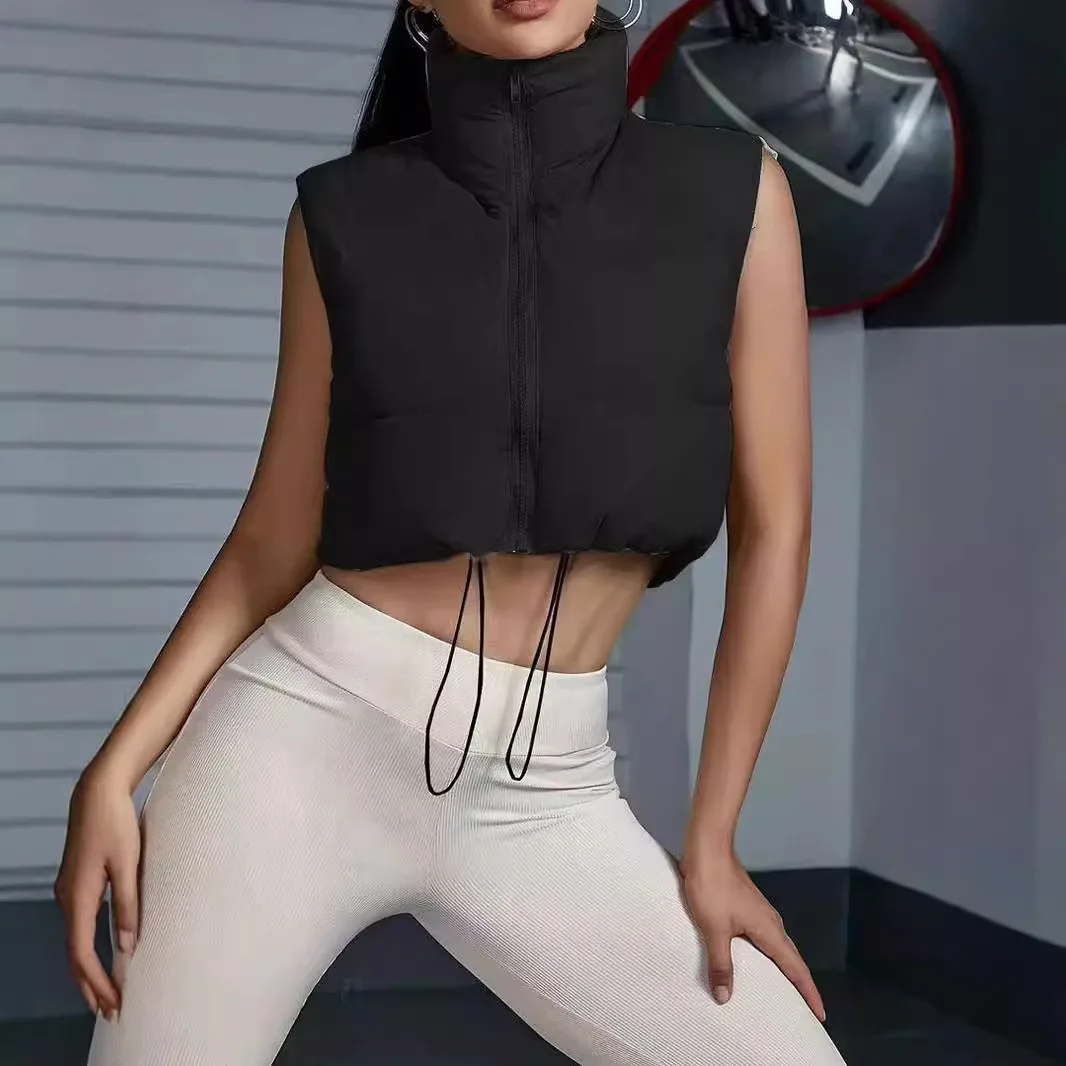 Women's Ultra-Cropped Sleeveless Vest Western Style Elegant Commute Stand Collar Drawstring  Fashion  Versatile Cotton Outerwear