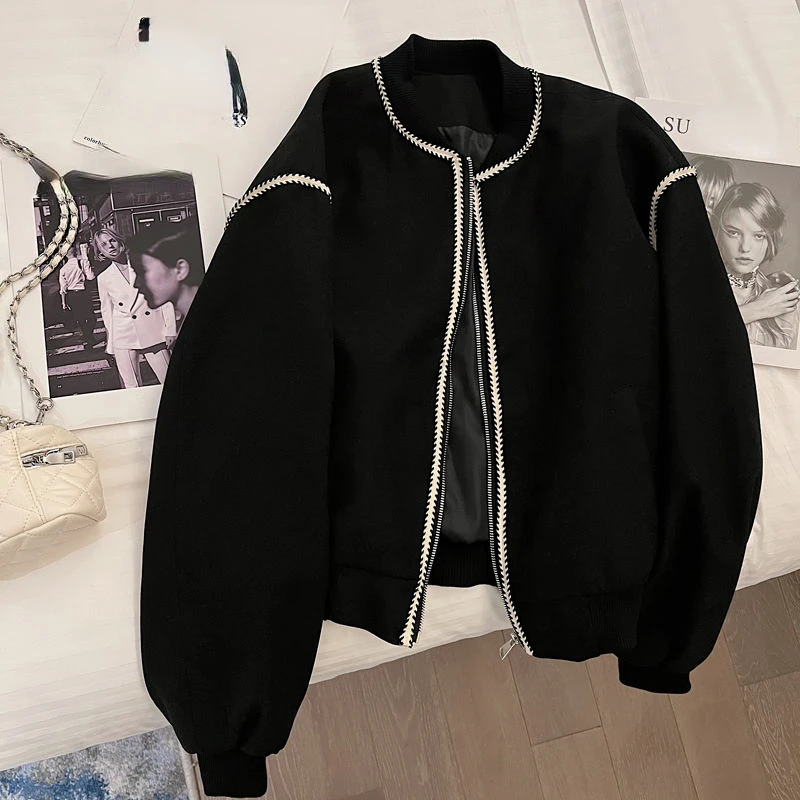 

New Korean Fashion Style Grunge Jacket Stripe Loose Casual Streetwear Chic Coat Zipper Design Sense Office Lady Sweet Jaquetas