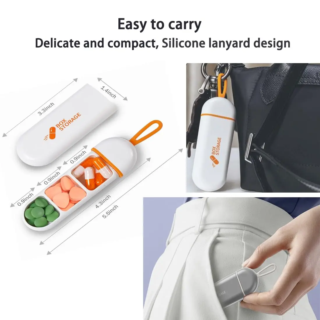 صندوق دواء صغير محمول مع 3 حجرات، منظم حبوب السفر، مادة أكريليك متينة، إغلاق مدمج وآمن