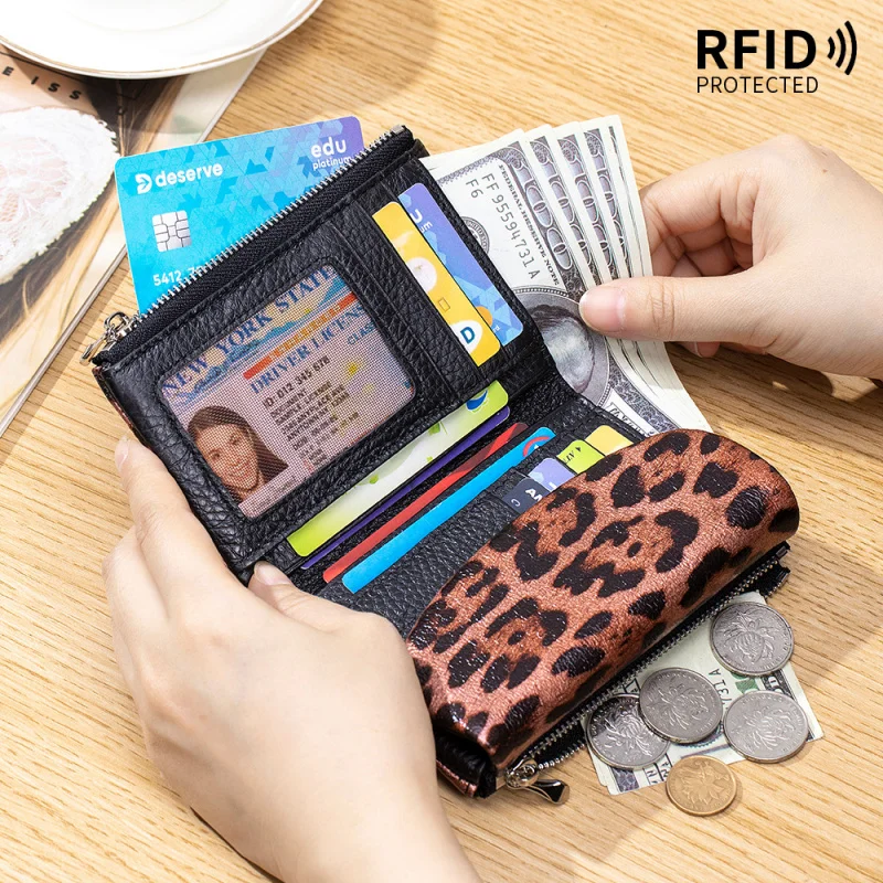 Western Leopard Print RDIF Blockig Cowhide Leather Women Wallet Fashion Large Capacity Card Holder Purse for Ladies