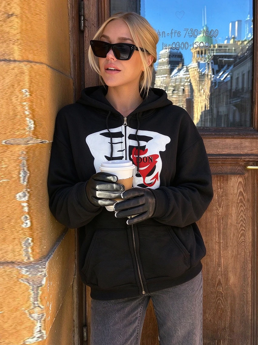 Y2K Aesthetics Gothic Women Zip Hoodies Skeleton Ribcage Devil Heart Print Long Sleeve Oversized Hooded Sweatshirts with Pockets