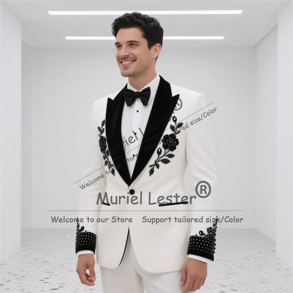 

Элегантный мужской костюм с черным жемчугом и бисером, комплект из 2 предметов, однобортный пиджак для выпускного вечера, индивидуальные формальные смокинги для жениха, trajes para hombre