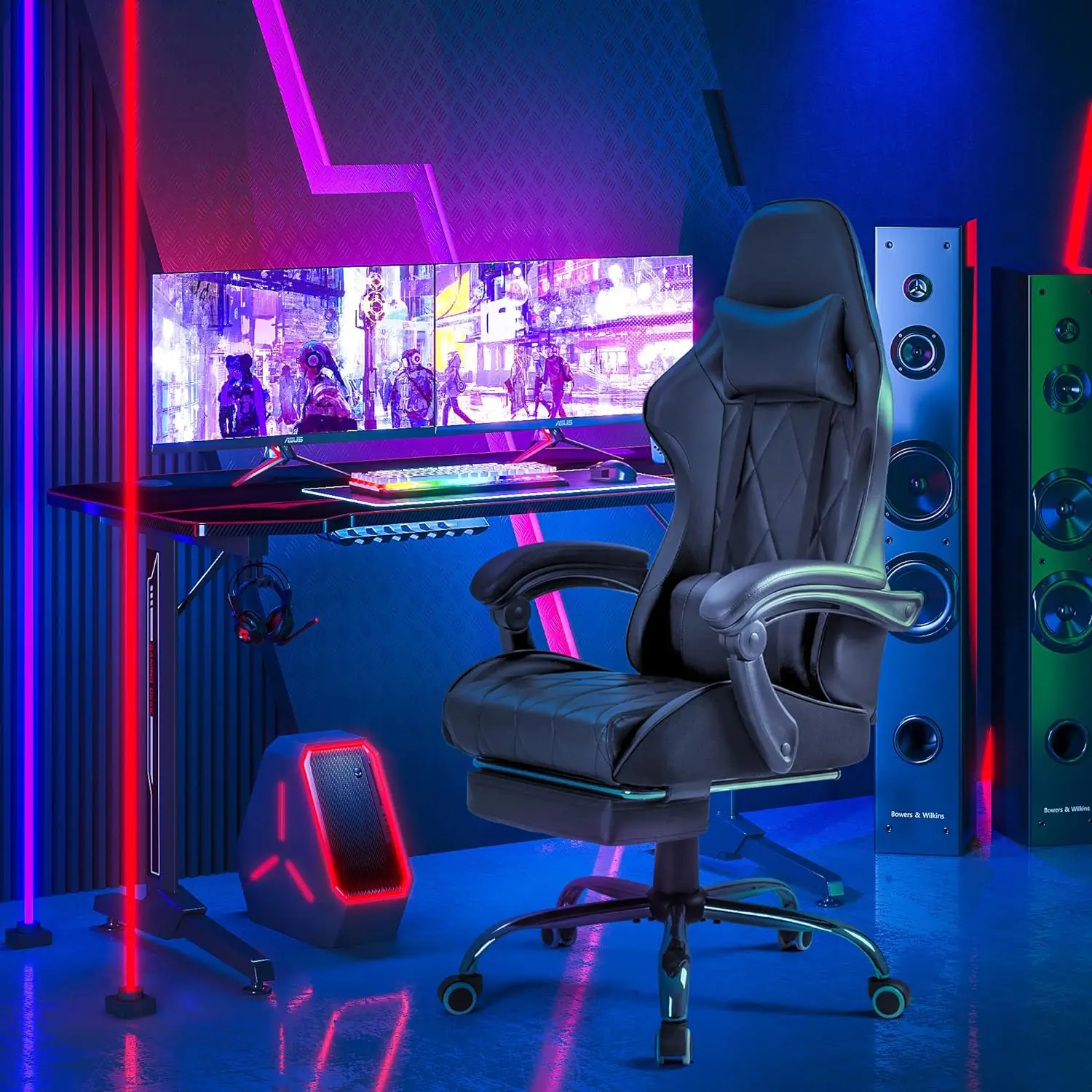 Computer chair, ergonomically designed high back electronic gaming chair with rotating seat and headrest (black)