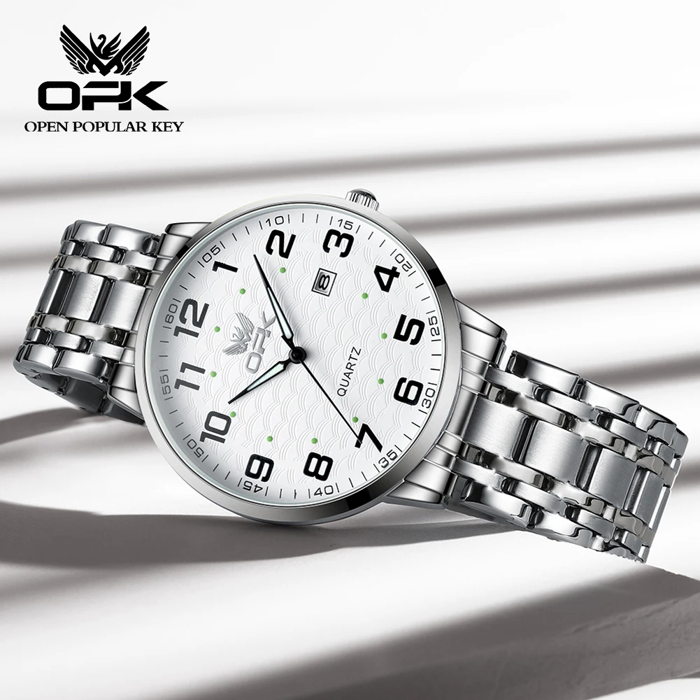 ساعة كوارتز للرجال بحزام فولاذية مقاومة للماء من OPK ، تقويم مفرد ، موضة ، موضة ، من تصميم عصري
