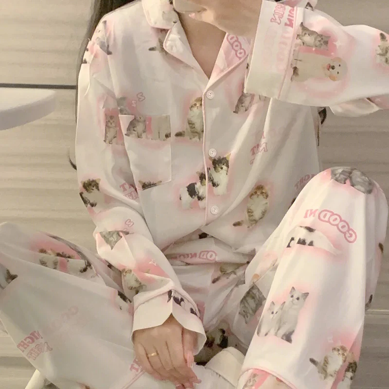 High Quality Ice Silk Cute Cat Print Summer New Thin Pajamas Female Spring Summer Silk Homewear Set Nightwear Sleepwear nightie