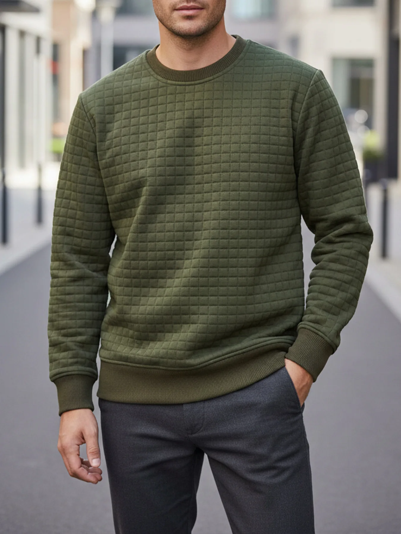 Men Grid Texture Crew Neck Long Sleeve Sweatshirt Autumn Winter Casual Solid Color Pullover Tops