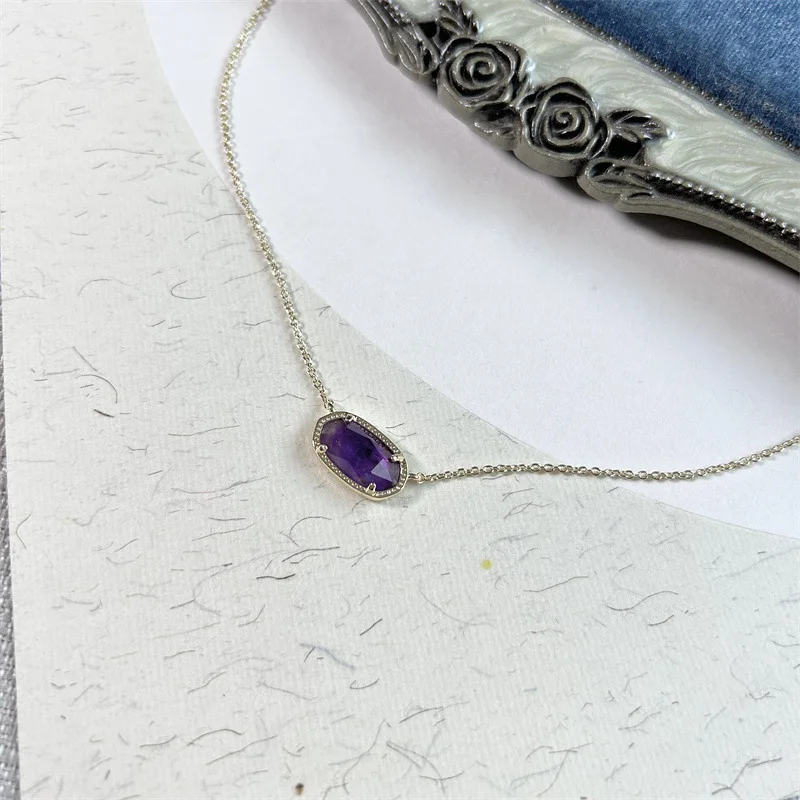 Fashion Elisa export original geometric oval amethyst stone necklace collarbone chain manufacturers wholesale