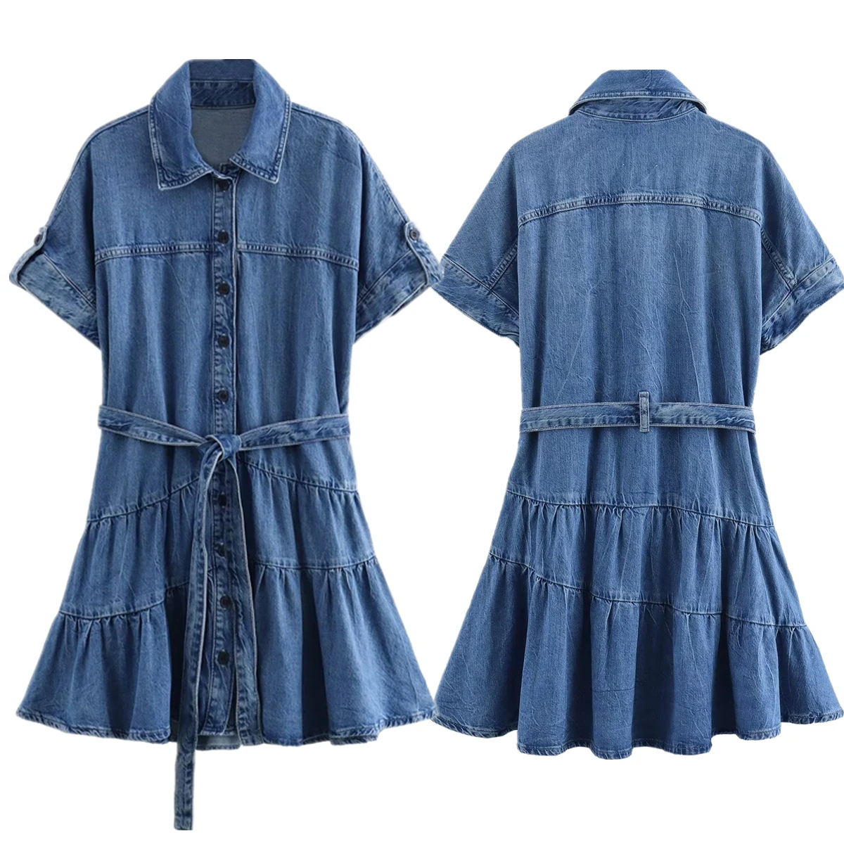 Maxdutti With Belt Minimalist Retro Washed Denim Dress Women Tops Summer Dress Women Casual Mini Dress