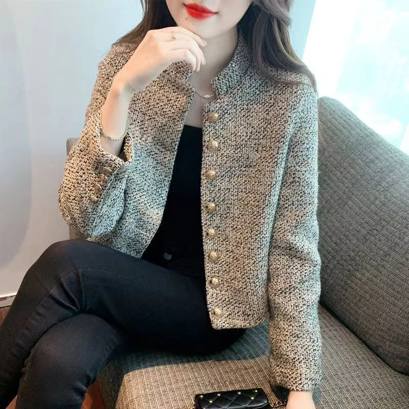 

Women's Spring 2023 New Western Design Sense Stand Neck Short Top French Light Luxury Small Fragrance Rough Tweed Coat Cardigan