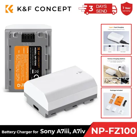 K&F Concept 2팩 NP-FZ100 배터리, 2600mAh 용량 및 Sony A7iii A7iv A7C 카메라 비디오 배터리용 Type-C 고속 충전
