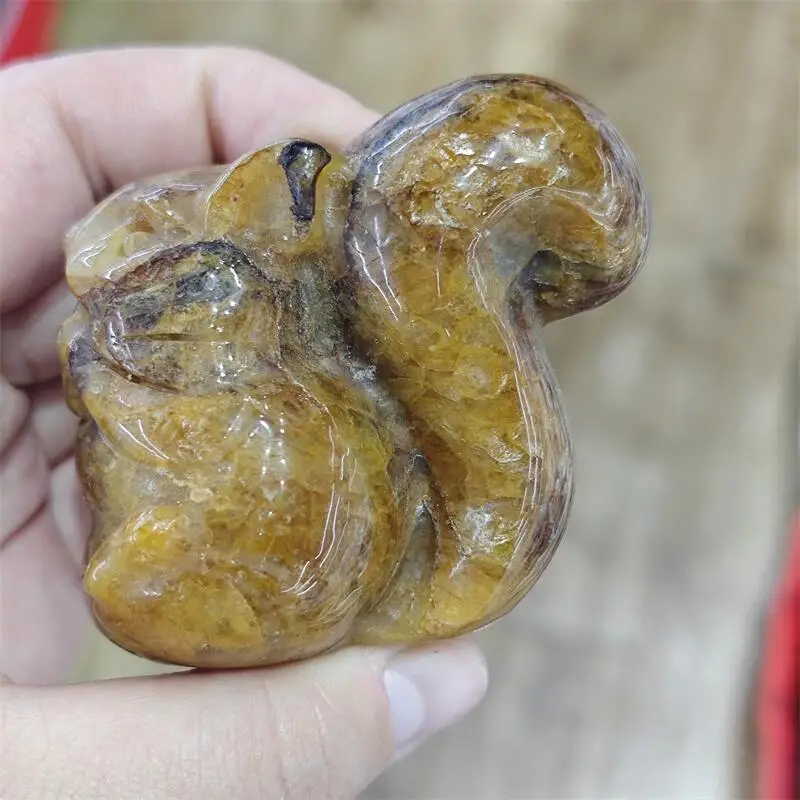 Natural Yellow Fire Quartz Hematoid Squirrel Carving Crystal Healing Reiki Halloween Gift Festival For Decoration 1pcs